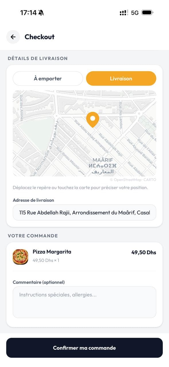 Écran de confirmation de commande avec adresse de livraison et paiement