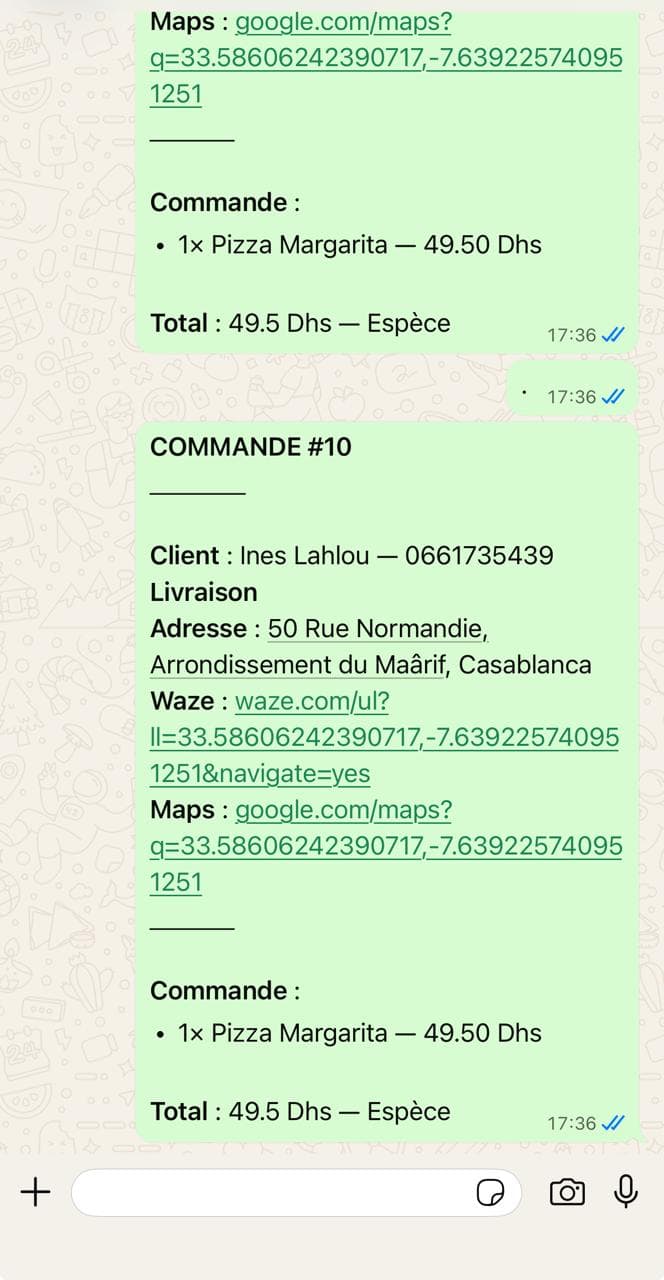 Récapitulatif de commande avec itinéraire Waze envoyé au livreur sur WhatsApp